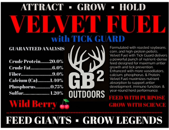 GB2 Outdoors Velvet Fuel VTX feed 50lb bag with Tick Guard (Discounts for pallet quantities)