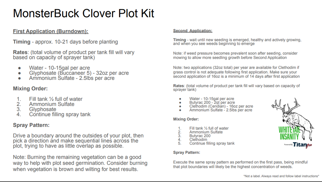 Monsterbuck Clover Mix Kit For 10 Acres (call 515-468-7088 to order) kit includes seed, herbicides & AMS for 10 acres
