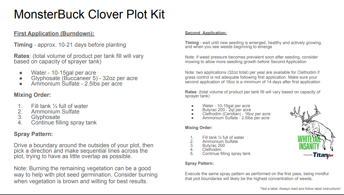 Monsterbuck Clover Mix Kit For 10 Acres (call 515-468-7088 to order) kit includes seed, herbicides & AMS for 10 acres