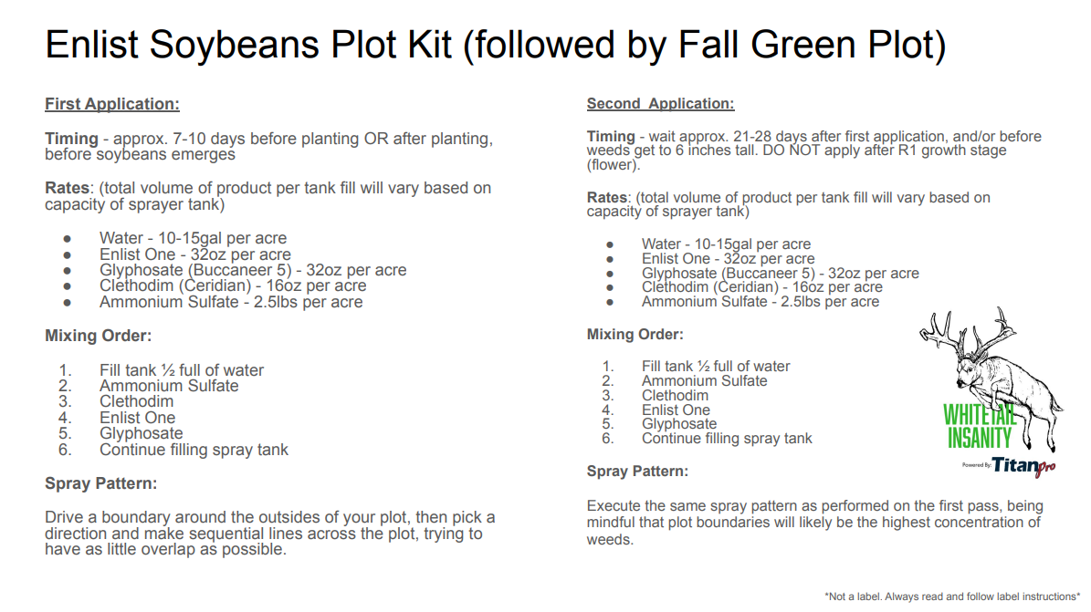 Soybean Plot kit (Followed By Owen's Fall Mix) for 10 acres (Call 515-468-7088 to order) kit includes Seed, Herbicides & AMS for 10 acres