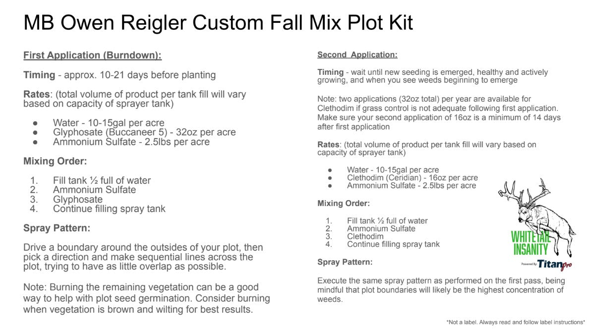 Owen Reigler's Custom Fall Mix for 10 Acres (Call 515-468-7088 to order) Kit includes seed, herbicides, AMS for 10 acres